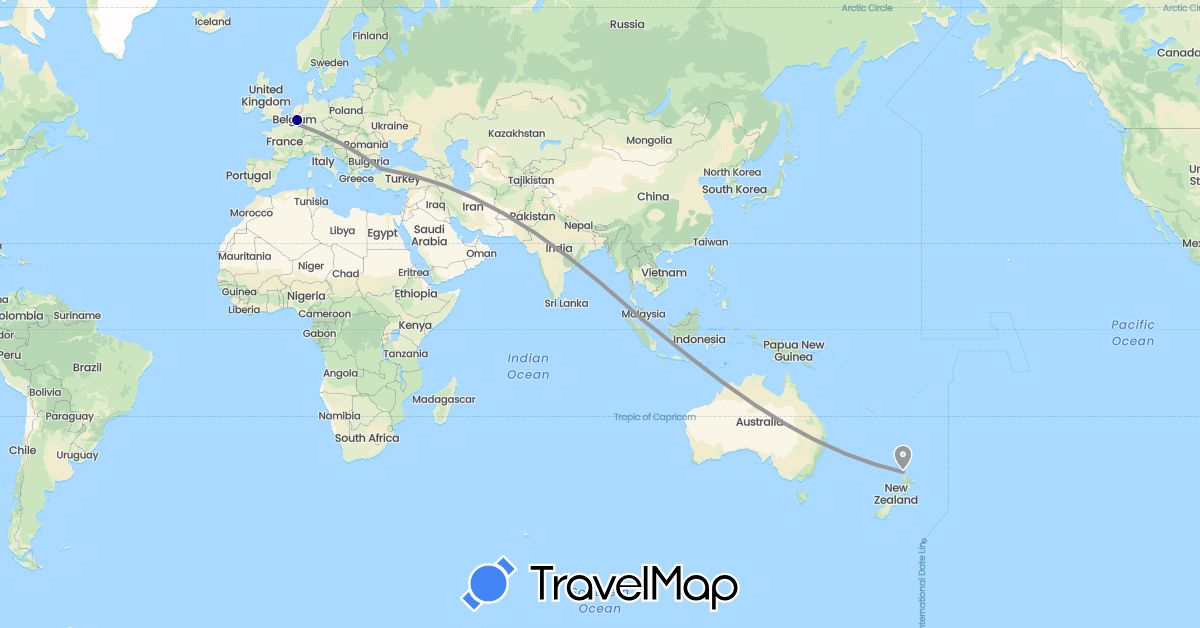 TravelMap itinerary: driving, plane in Belgium, Luxembourg, Malaysia, New Zealand, Turkey (Asia, Europe, Oceania)